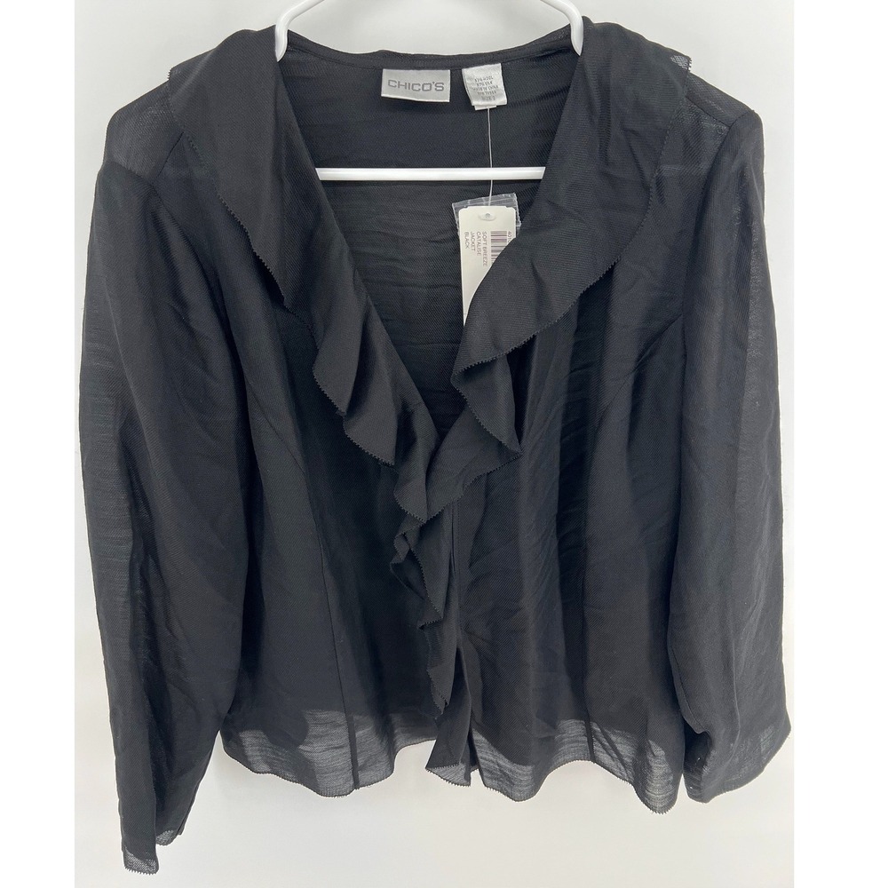 Chico's Size 2/L Semi Sheer Wool Silk Ruffle Jacket Topper Lightweight Airy